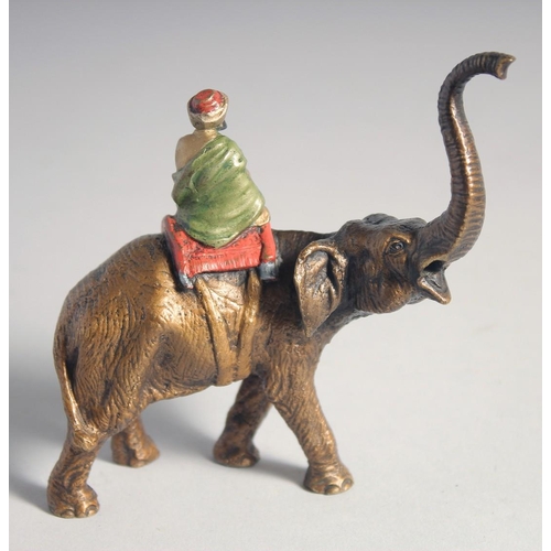 289 - A FINE ORIENTALIST VIENNA BERGMAN STYLE COLD PAINTED BRONZE FIGURE OF AN ARAB ON AN ELEPHANT, 11cm l... 