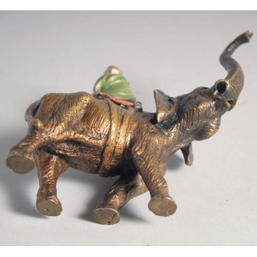 289 - A FINE ORIENTALIST VIENNA BERGMAN STYLE COLD PAINTED BRONZE FIGURE OF AN ARAB ON AN ELEPHANT, 11cm l... 