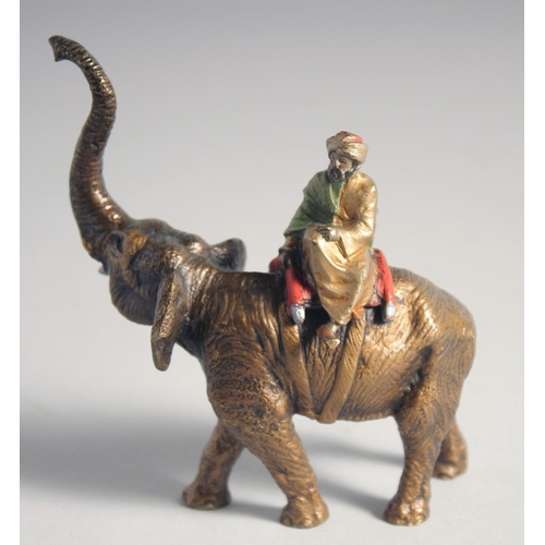 289 - A FINE ORIENTALIST VIENNA BERGMAN STYLE COLD PAINTED BRONZE FIGURE OF AN ARAB ON AN ELEPHANT, 11cm l... 