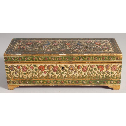 291 - A VERY FINE 18TH/19TH CENTURY MUGHAL INDIAN LACQUERED WOODEN BOX, with hinged lid decorated with pea... 