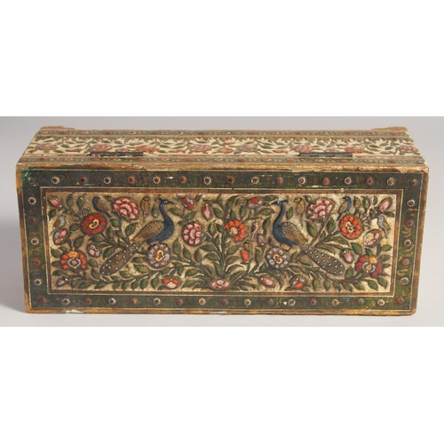 291 - A VERY FINE 18TH/19TH CENTURY MUGHAL INDIAN LACQUERED WOODEN BOX, with hinged lid decorated with pea... 