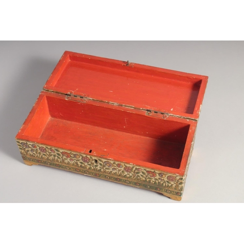 291 - A VERY FINE 18TH/19TH CENTURY MUGHAL INDIAN LACQUERED WOODEN BOX, with hinged lid decorated with pea... 