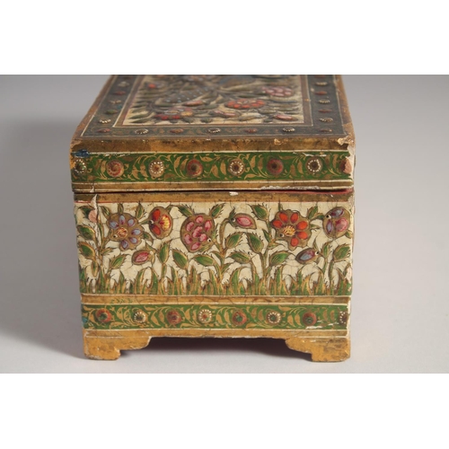 291 - A VERY FINE 18TH/19TH CENTURY MUGHAL INDIAN LACQUERED WOODEN BOX, with hinged lid decorated with pea... 