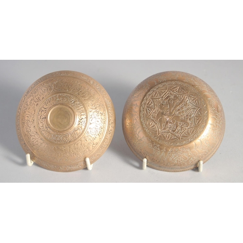 296 - TWO FINE 19TH CENTURY PERSIAN QAJAR ENGRAVED BRASS DRINKING BOWLS, each 9.5cm diameter, (2).