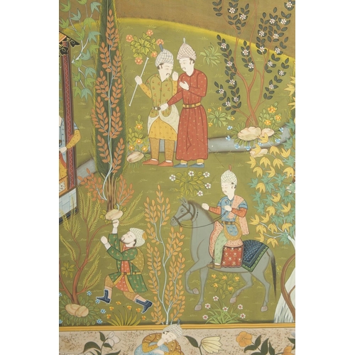 298 - A VERY LARGE FRAMED PERSIAN PAINTING ON SILK, depicting an outdoor scene with a figure on horseback,... 