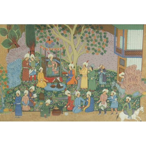 299 - A VERY LARGE FRAMED PERSIAN PAINTING ON SILK, depicting a courtyard scene with many figures and furt... 