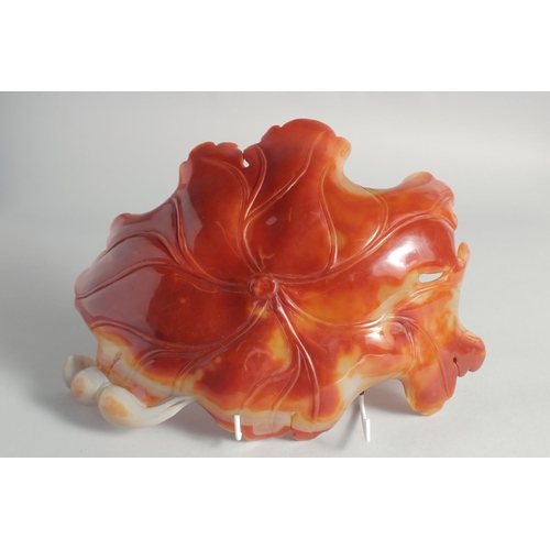 1 - A VERY LARGE CHINESE AGATE-TYPE LEAF FORM DISH, 31cm long.