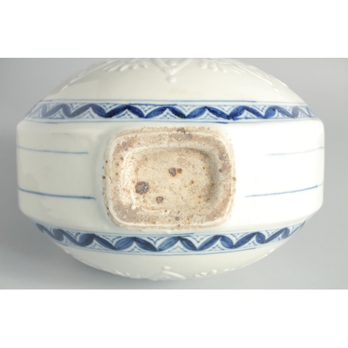 106 - A CHINESE BLUE AND WHITE PORCELAIN TWIN HANDLE MOONFLASK, the central design carved with a yin-yang ... 