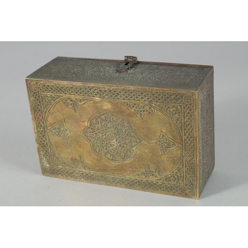 301 - A 19TH CENTURY SYRIAN DAMASCUS ENGRAVED BRASS QURAN BOX, with panels of calligraphy, 14cm x 9cm.