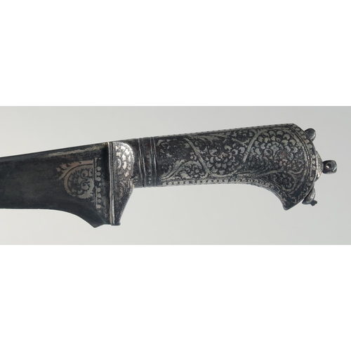 314 - AN 18TH CENTURY MUGHAL INDIAN SILVER INLAID STEEL DAGGER, 37cm long.