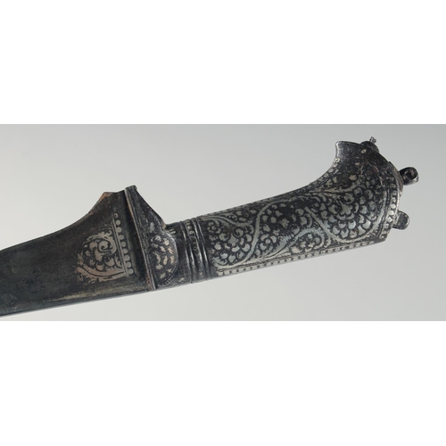 314 - AN 18TH CENTURY MUGHAL INDIAN SILVER INLAID STEEL DAGGER, 37cm long.