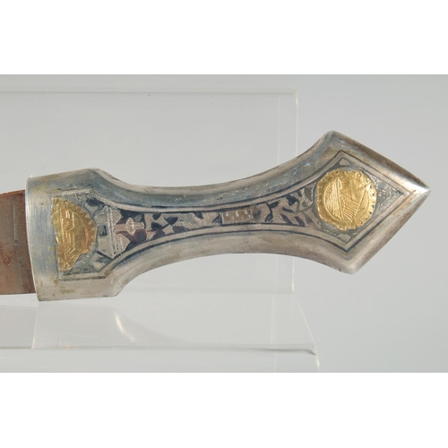 315 - A FINE EARLY 20TH CENTURY IRAQI NIELLO AND GOLD INLAID SILVER DAGGER, 35cm long.