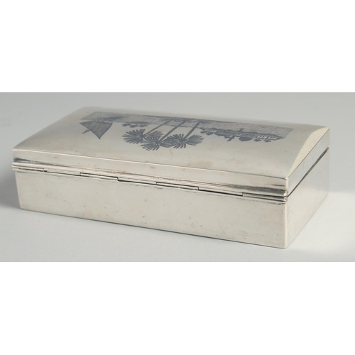 316 - A LARGE IRAQI NIELLO SILVER CIGAR BOX, weight 530g, 18cm x 9cm.