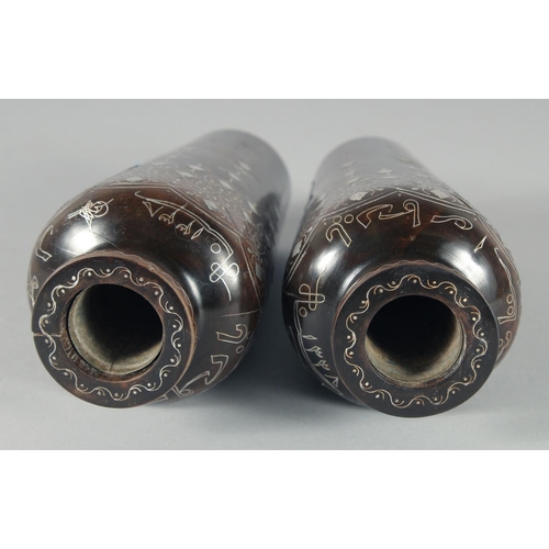 317 - A FINE PAIR OF OTTOMAN TURKISH SILVER INLAID WOODEN VASES, signed, 16.5cm high.