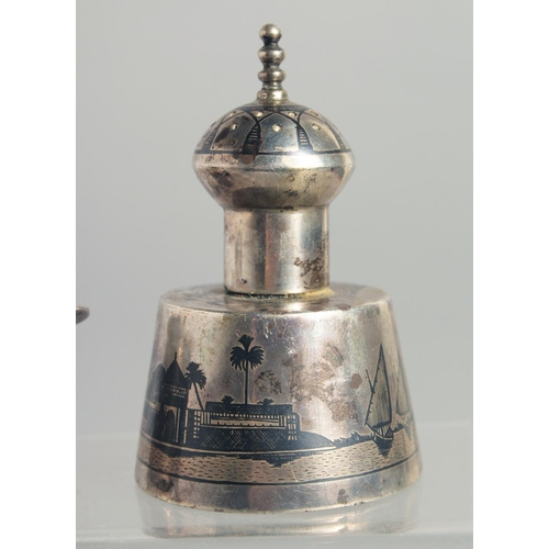 327 - A FINE SIGNED IRAQI NIELLO SILVER CRUET SET, weight 130g: combined, (3 pieces and spoon).