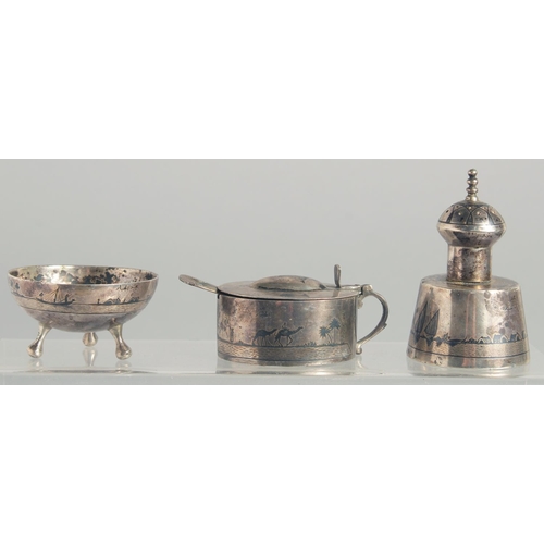 327 - A FINE SIGNED IRAQI NIELLO SILVER CRUET SET, weight 130g: combined, (3 pieces and spoon).