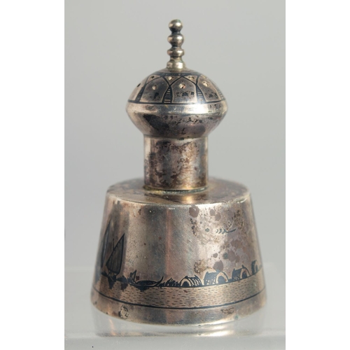 327 - A FINE SIGNED IRAQI NIELLO SILVER CRUET SET, weight 130g: combined, (3 pieces and spoon).