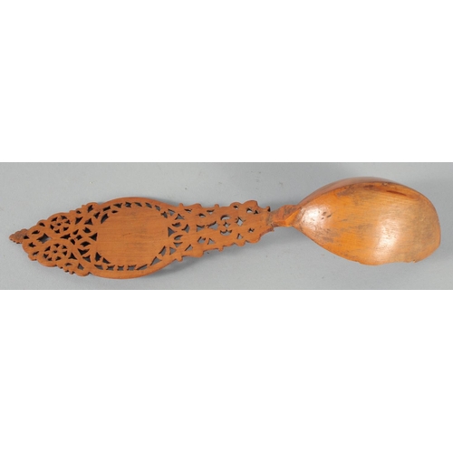 331 - A 19TH CENTURY PERSIAN QAJAR CARVED FRUIT WOOD SHERBET SPOON, 28cm long.