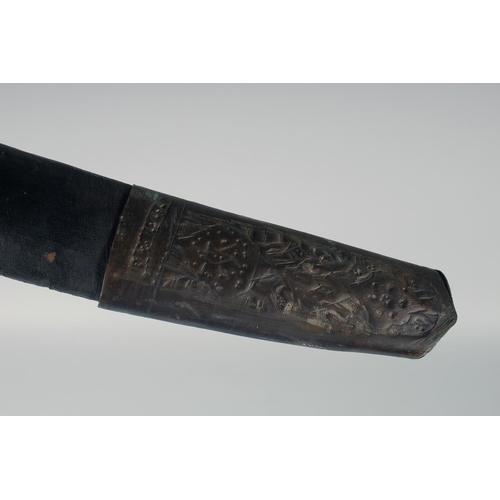 335 - AN EARLY PERSIAN SWORD WITH WATERED STEEL BLADE AND RHINO HORN HANDLE, with leather covered scabbard... 