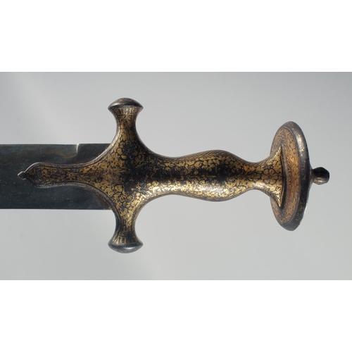 336 - A FINE 19TH CENTURY MUGHAL INDIAN GOLD INLAID STEEL HILTED TULWAR, 93cm long.