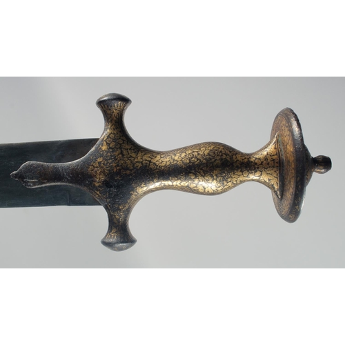 336 - A FINE 19TH CENTURY MUGHAL INDIAN GOLD INLAID STEEL HILTED TULWAR, 93cm long.