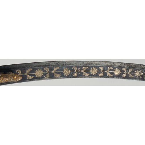 337 - A FINE EARLY 19TH CENTURY NORTH INDIAN KUTCH SHAMSHIR SWORD with gilded handle and silver inlaid bla... 