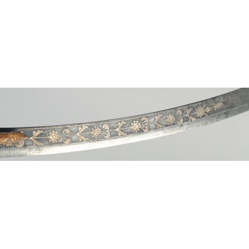 337 - A FINE EARLY 19TH CENTURY NORTH INDIAN KUTCH SHAMSHIR SWORD with gilded handle and silver inlaid bla... 