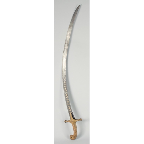 337 - A FINE EARLY 19TH CENTURY NORTH INDIAN KUTCH SHAMSHIR SWORD with gilded handle and silver inlaid bla... 