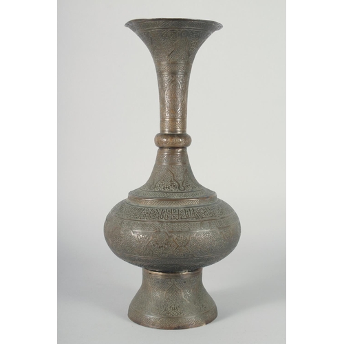 341 - A LARGE AND FINE 19TH CENTURY ENGRAVED DAMASCUS BRASS VASE, finely engraved all over and with a band... 