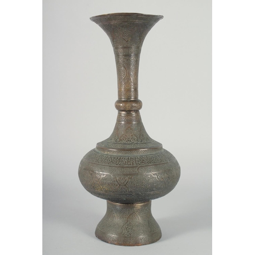 341 - A LARGE AND FINE 19TH CENTURY ENGRAVED DAMASCUS BRASS VASE, finely engraved all over and with a band... 