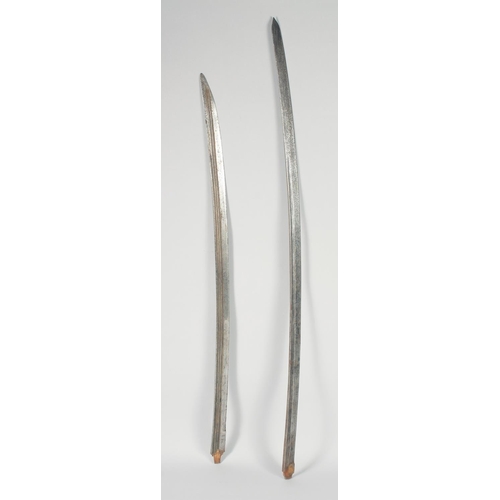 356 - TWO 19TH CENTURY SWORD BLADES, one with inscription, 91cm and 81cm long, (2).