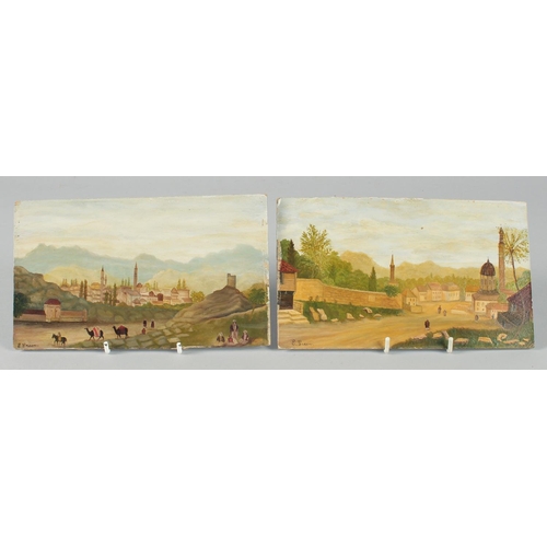 361 - TWO EUROPEAN ANTIQUE OIL PAINTINGS ON BOARD of Islamic subjects, each signed E. Green, 12cm x 20.5cm... 