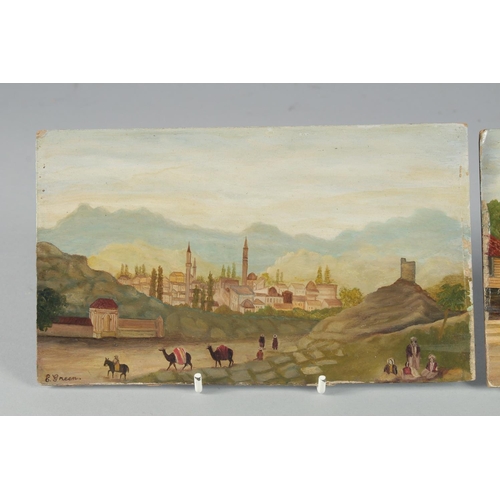 361 - TWO EUROPEAN ANTIQUE OIL PAINTINGS ON BOARD of Islamic subjects, each signed E. Green, 12cm x 20.5cm... 