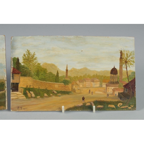 361 - TWO EUROPEAN ANTIQUE OIL PAINTINGS ON BOARD of Islamic subjects, each signed E. Green, 12cm x 20.5cm... 