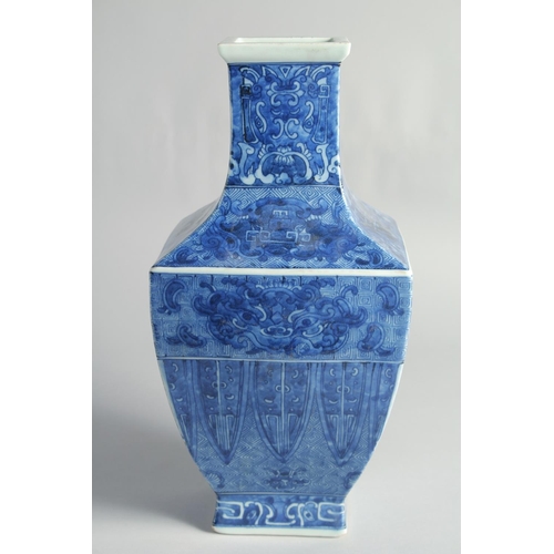 37 - A LARGE CHINESE BLUE AND WHITE PORCELAIN SQUARE FORM VASE, the base with six-character mark, 35cm hi... 