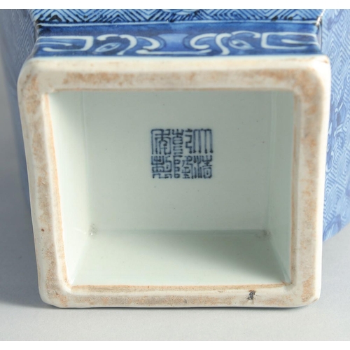 37 - A LARGE CHINESE BLUE AND WHITE PORCELAIN SQUARE FORM VASE, the base with six-character mark, 35cm hi... 