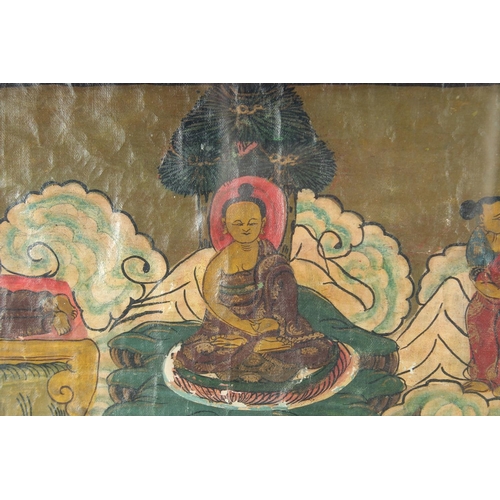 394 - A FRAMED TIBETAN THANGKA PAINTING, with central buddha and various scenes, framed and glazed, image ... 