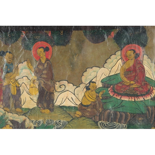 394 - A FRAMED TIBETAN THANGKA PAINTING, with central buddha and various scenes, framed and glazed, image ... 