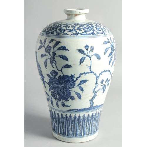 58 - A LARGE CHINESE BLUE AND WHITE PORCELAIN MEIPING VASE, the body decorated with birds and pomegranate... 