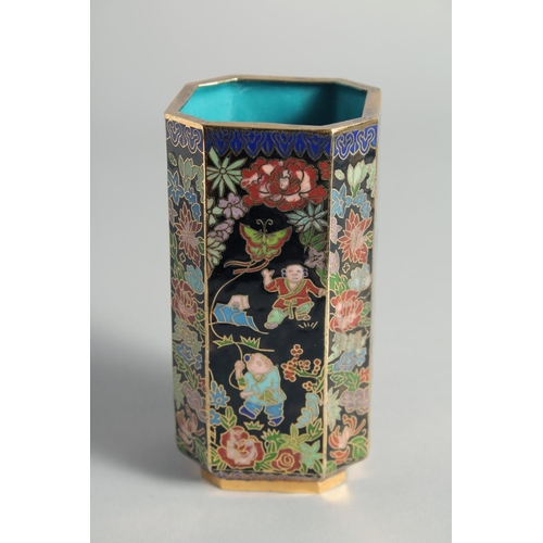 6 - THREE CHINESE CLOISONNE ENAMELLED ITEMS, comprising a black ground bowl, a octagonal brush pot and a... 