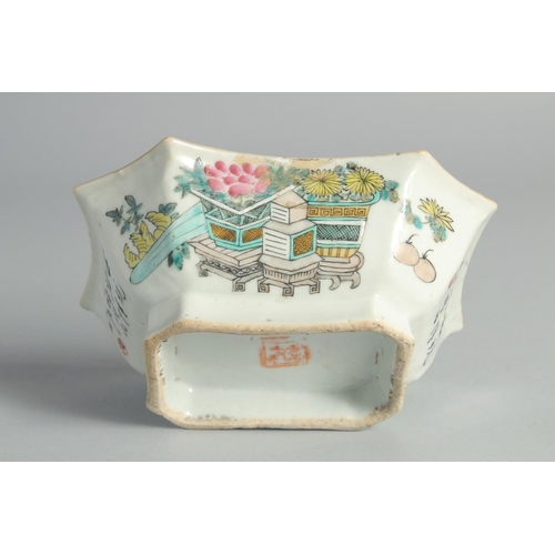 70 - A CHINESE FAMILLE ROSE PORCELAIN OCTAGONAL BOWL, painted with flower pots and inscription.