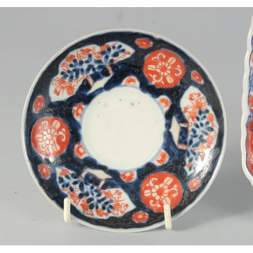 81 - A PAIR OF JAPANESE IMARI PORCELAIN CUPS AND SAUCERS, together with a dish and small cup, (six pieces... 