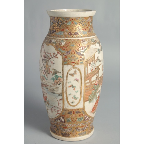 82 - A JAPANESE SATSUMA VASE, painted with two large panels depicting figures as well as birds, butterfli... 