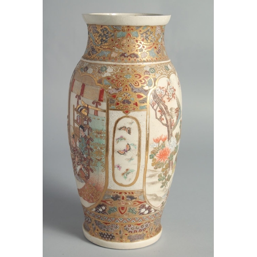 82 - A JAPANESE SATSUMA VASE, painted with two large panels depicting figures as well as birds, butterfli... 