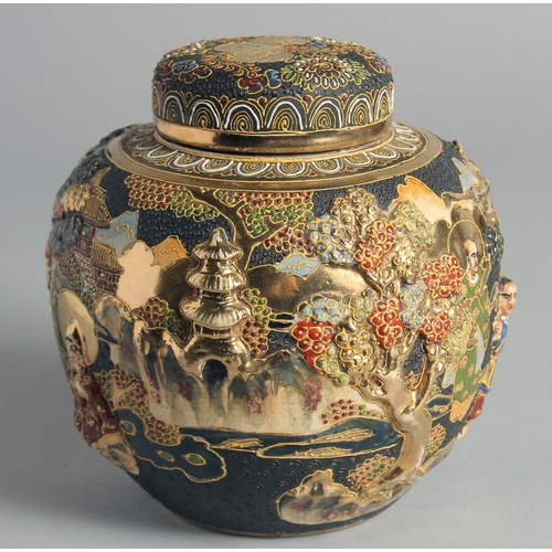 83 - A JAPANESE SATSUMA JAR AND COVER, relief decorated with figures in a landscape scene and further emb... 