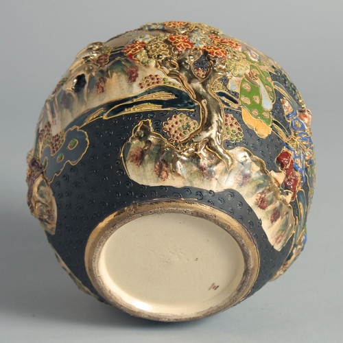 83 - A JAPANESE SATSUMA JAR AND COVER, relief decorated with figures in a landscape scene and further emb... 