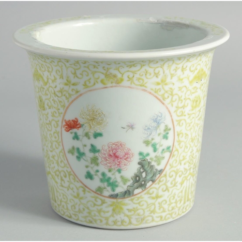 96 - A CHINESE FAMILLE ROSE PORCELAIN PLANT POT, decorated with a panel of an insect and two panels of fl... 