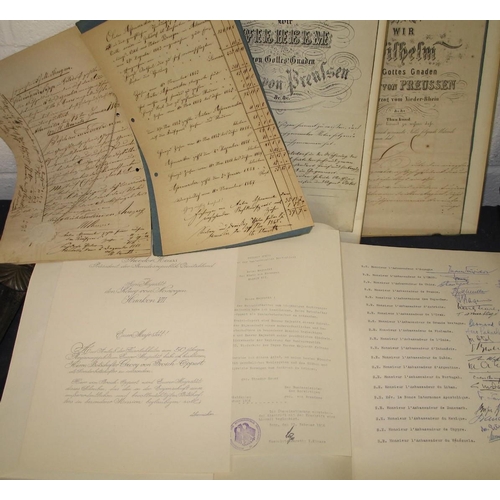 105 - [GERMAN INTEREST] 3 x 19th c. Prussian part-printed documents; a 1956 consular letter to Haakon VII ... 