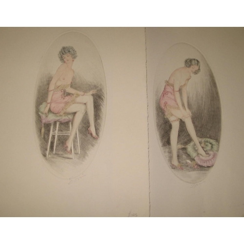 139 - [EROTICA] 2 x Parisian School hand-col'd etchings, pencil signed, each 17.5 x 12.5 inches, unframed ... 