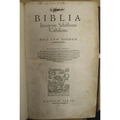 220 - [BIBLE] Biblia interprete Sebastiono Castalione. Una cum eiusdem annotationibus, , folio, 4 parts in... 